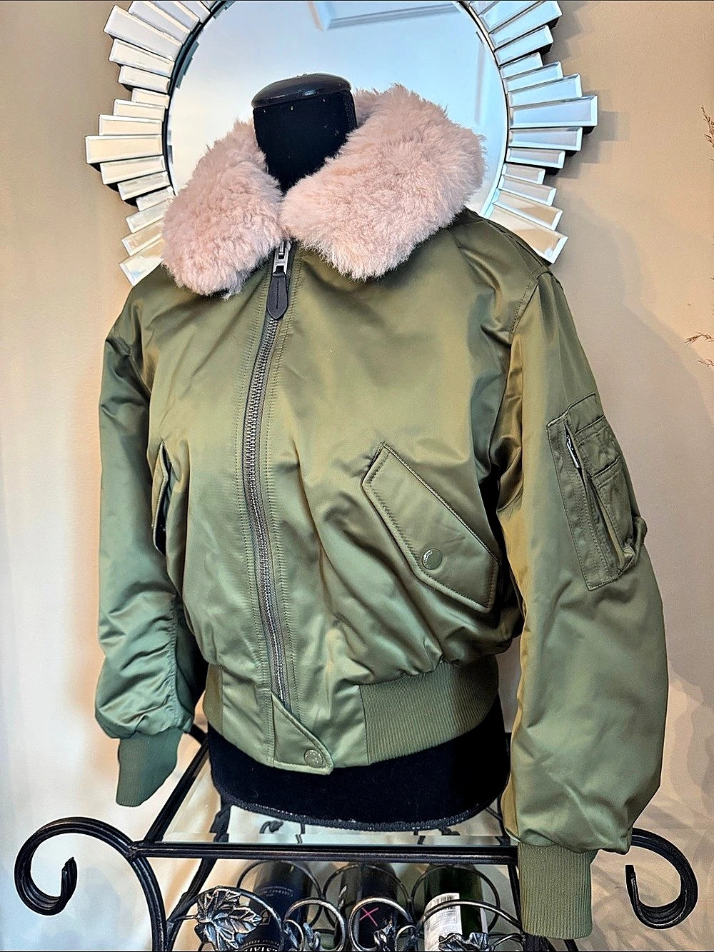 Coach Faux-Fur Collar Bomber in Green & Pink Size Small Like New